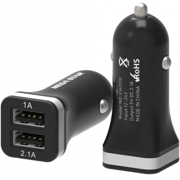 CARGADOR P  AUTO MEGA STAR CH221S USB 1 0 2 1A BLACK SILVER